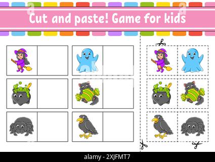 Ausschneiden und Einfügen. Spiel für Kinder. Arbeitsblatt für Bildungsaktivitäten für Kinder und Kleinkinder. Spiel für Kinder. Vektorabbildung. Stock Vektor