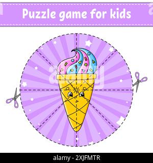 Schneiden und spielen. Rundes Puzzle. Logikpuzzle für Kinder. Aktivität". Geburtstagsthema. Schnittpraxis für die Vorschule. Zeichentrickfigur. Stock Vektor