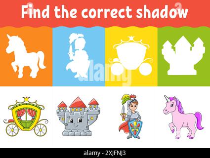 Finden Sie den richtigen Schatten. Arbeitsblatt zum Bildungswesen. Passende Spiel für Kinder. Märchenstil. Aktivitätsseite Farbe. Puzzle für Kinder. Zeichentrickfigur. Ist Stock Vektor