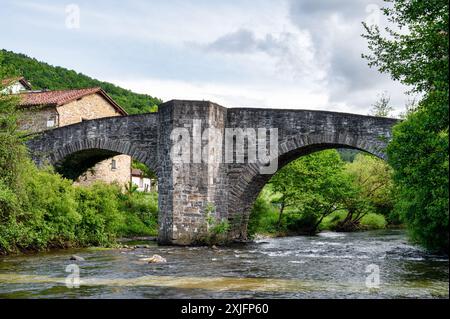 Die alte mittelalterliche Steinbrücke in Zubiri Spanien ist Teil des Camino Way Stockfoto