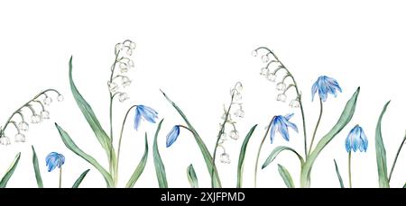 Nahtloser Strauß der blauen Skillas und weißen Lilien des Tals - erste Frühlingsblumen mit Blättern. Aquarell nahtloses Banner Botanical Stockfoto