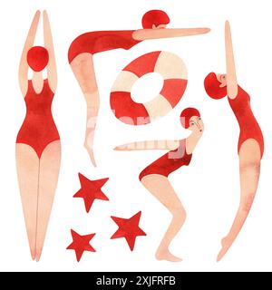 Set von Athleten: Schwimmer und Taucher. Frauen in roten Badeanzügen und roten Badekappen. Gestreifter Strandball und Rettungsring. Vintage-Style. Aquarell isoliert Stockfoto