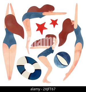 Set von Athleten: Schwimmer und Taucher. Frauen in blauen Badeanzügen mit braunem Haar. Gestreifter Strandball und Rettungsring. Vintage-Style. Aquarell isoliert krank Stockfoto