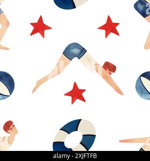 Ein Athlet - ein Mann in einem weißen T-Shirt und blauen Badehosen springt ins Wasser, umgeben von Rettungsschirmen und Seesternen. Nahtloses Aquarell p Stockfoto