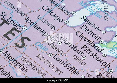 Macro photography of Indiana state of United States of america political map with most important cities and frontiers Stockfoto