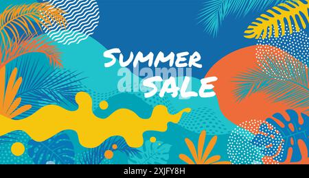 Bannerdesign im Sommer-Sale. Tropischer Hintergrund mit Palmblättern. Bestes Angebot für Sommerangebote, Hintergrund für Werbeaktionen Stock Vektor