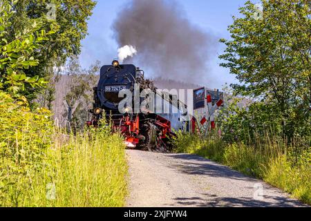 Harz, Deutschland 15. Juli 2024: Im Bild: Mit der Dampflok täglich auf den Brocken. Die Harzer Schmalspurbahn, HSB, fährt täglich Touristen auf den Broken im Harz. Hier die Dampflok 99 7247-2 auf dem Weg zum Brocken kurz vor Schierke an einem Bahnübergang. Harz *** Harz, Deutschland 15. Juli 2024 auf dem Bild mit der Dampflok den Brocken hinauf jeden Tag die Harzer Schmalspurbahn, HSB, bringt Touristen jeden Tag die kaputte im Harz hinauf hier die Dampflok 99 7247 2 auf ihren Weg zum Brocken kurz vor Schierke an einem Bahnübergang Harz Copyright: xFotostandx/xReissx Stockfoto