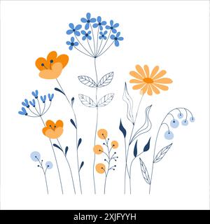 Sommerwiese Pflanzen Vektor nahtlose Randmuster. Blumenfeld im Line Art Stil Stock Vektor