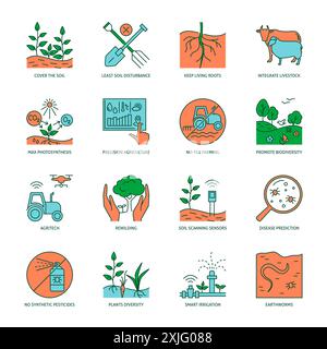 Symbolsatz „Prinzipien der regenerativen Landwirtschaft“. Umweltfreundliche Landwirtschaft und Gartenarbeit. Vektorabbildung. Stock Vektor