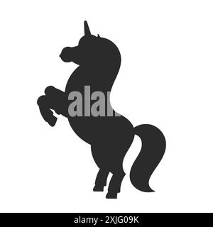 Schwarze Silhouette. Das magische Einhorn hat sich aufgezogen. Das Tierpferd steht auf seinen Hinterbeinen. Zeichentrickstil. Einfache Illustration des flachen Vektors. Stock Vektor