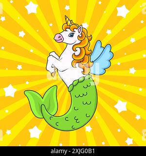 Niedliche Zeichentrickfigur. Niedliches Meerjungfrau-Einhorn. Bunte Vektorillustration. Isoliert auf farbigem Hintergrund. Vorlage für Ihr Design. Stock Vektor