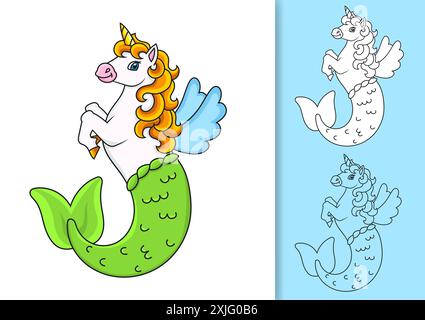 Satz von Vektorabbildungen isoliert auf weißem und farbigem Hintergrund. Niedliches Meerjungfrau-Einhorn. Schwarze Silhouette. Konstruktionselement. Schwarzer Strich. Zeichentrickserie Stock Vektor