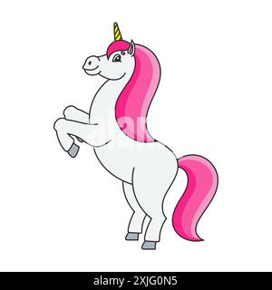 Das magische Einhorn wurde aufgezogen. Das Tierpferd steht auf seinen Hinterbeinen. Cartoon-Stil. Einfache flache Vektordarstellung. Stock Vektor