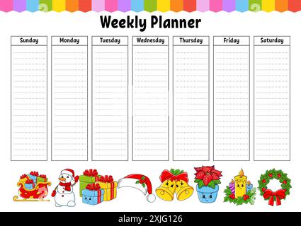 Wochenplaner. Bunte leere druckbare Vorlage. Weihnachtsmotiv. Vektorabbildung. Stock Vektor