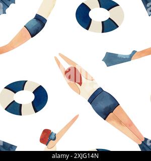 Nahtloses Muster mit schwebenden Männern im Vintage-Stil. Schwimmen. Aquarellabbildung auf weißem Hintergrund. Stockfoto