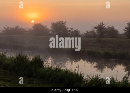 LK Diepholz, Deutschland 18. Juli 2024: Im Bild: Sonnenaufgang am Dümmer See im Landkreis Diepholz im Sommer 2024. Dümmer See Niedersachsen *** LK Diepholz, Deutschland 18 Juli 2024 im Bild Sonnenaufgang am Dümmer See im Landkreis Diepholz im Sommer 2024 Dümmer See Niedersachsen Copyright: XFotostandx/xReissx Stockfoto