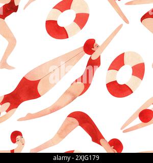 Eine Athletin, eine Frau in rotem Badeanzug und roter Mütze schwimmt. Nahtloses Aquarellmuster, handgezeichnet. Weißer Hintergrund Stockfoto