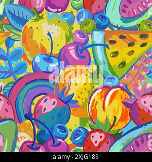 Vektor Hand gezeichnetes nahtloses Muster. Illustrationen von hellen Früchten und Beeren im Stil des Expressionismus Stock Vektor