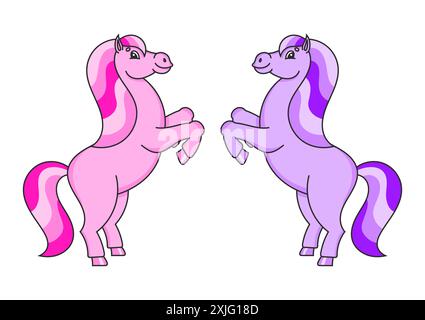 Pferd aufgezogen. Das Nutztier steht auf seinen Hinterbeinen. Zeichentrickstil. Einfache Illustration des flachen Vektors. Stock Vektor