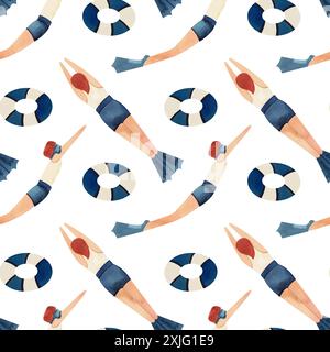 Nahtloses Muster mit schwebenden Männern im Vintage-Stil. Schwimmen. Aquarellabbildung auf weißem Hintergrund. Stockfoto