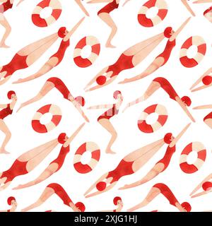 Eine Athletin, eine Frau in rotem Badeanzug und roter Mütze schwimmt. Nahtloses Aquarellmuster, handgezeichnet. Weißer Hintergrund Stockfoto