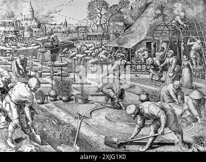 Gravur Spring / de Lente von Pieter Bruegel dem Älteren von Pieter Van der Heyden, die mittelalterliche Bauern und Gärtner im Gemüsegarten zeigen Stockfoto