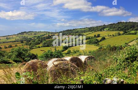 Ein Blick vom Friedhof im Dorf Marshwood in Dorset mit kreisförmigen Hay-Ballen im Vordergrund Stockfoto