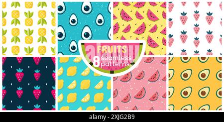 Set mit 8 nahtlosen Mustern mit Früchten und Beeren Stock Vektor