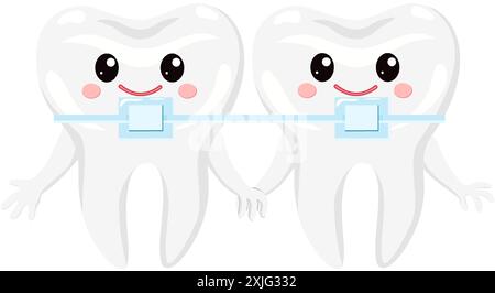 Zwei Zeichentrickzähne mit Zahnspangen für die Kinderzahnheilkunde. Das Glätten von schiefen Zähnen. Stock Vektor