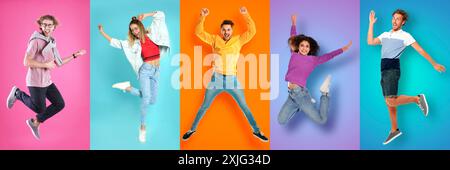 Glückliche Männer und Frauen, die auf verschiedenen farbigen Hintergründen springen, Collage Stockfoto