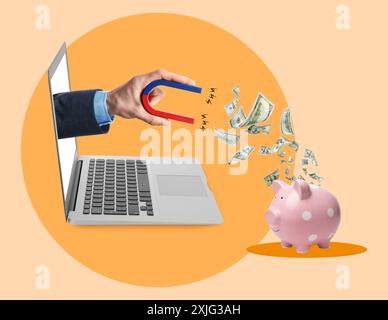 Die Hand des Mannes klebt vom Laptop und zieht Dollar mit Magnet aus der Schweinebank auf orangem Hintergrund. Kreative Collage Stockfoto