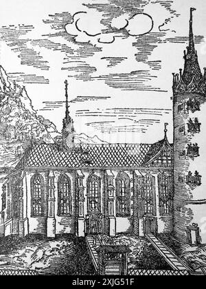 Die Schlosskirche (aus dem Wittenberger Reliquienbuch 1509; der Hügel im Hintergrund ist eine Ergänzung des Künstlers) soll hier Martin Luther Na sein Stockfoto