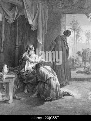 Holzgravierung von Isaak Segen Jakob - Rebekah und Jakobs Täuschung von Isaak 1. Mose 27:29 von Gustave Dore aus der antiken Bibel des 19. Jahrhunderts Stockfoto