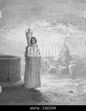 Holzgravierung von Jacob, der Labans Herde hält Genesis 29:1-20, von Gustave Dore. Jacob trifft Rachel aus der antiken Bibel des 19. Jahrhunderts Stockfoto