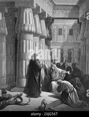 Holzgravierung der Ägypter, die Moses dazu drängen, Exodus 10:22 von Gustave Dore aus der antiken Bibel des 19. Jahrhunderts zu verlassen. Der Pharao bittet Moses nach Lea Stockfoto