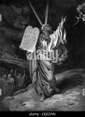 Holzgravierung von Moses, der vom Berg Sinai herabkommt, mit den Steintafeln des Gesetzes Exodus 32:15 von Gustave Dore aus dem antiken Heiligtum des 19. Jahrhunderts Stockfoto