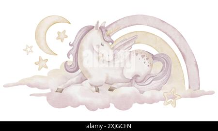 Einhorn auf Wolke mit Sternen und Regenbogenaquarell-Illustration. Zeichnung des niedlichen kleinen Pferdes mit Horn und Flügel für Babygrußkarten oder kindliche Geburtstagseinladung. Pony Pegasus für Mädchen Kindergarten Stockfoto