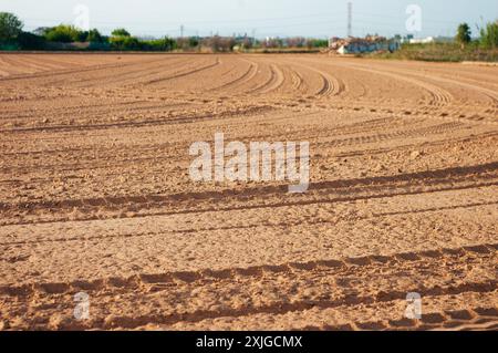 Frisch gepflügt. Vorbereitung des Bodens für Neuanfänge im spanischen Garten. Stockfoto