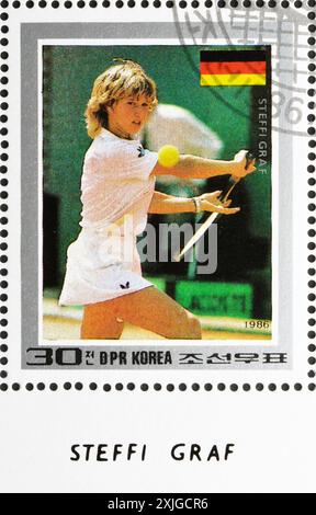 Von Nordkorea gedruckte Briefmarken, die Steffi Graf, Tennismeister, um 1986 zeigen. Stockfoto