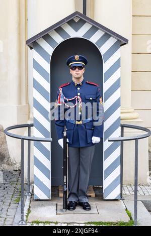 Prag, Tschechische Republik - 25. Mai 2024: Soldaten der Präsidentenwache in der Wachkabine am Eingang der Prager Burg, Tschechische Republik Stockfoto