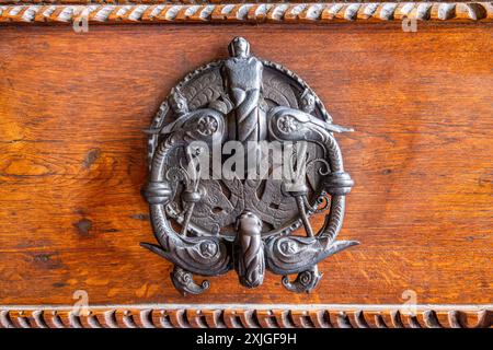 Ziertürklopfer an brauner Holztür Stockfoto