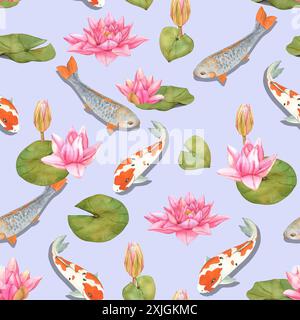Illustration von Koi-Karpfen und Lotusblüten in Aquarellen. Nahtloses natürliches Muster. Handgezeichneter asiatischer orientalischer Hintergrund mit Regenbogenfischen. Stockfoto