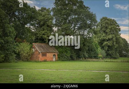 Kleines, verfallenes rotes Backsteingebäude am Rande eines Feldes in einigen Bäumen Stockfoto