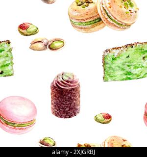 Muster mit Pistazienmakarons, Kuchenscheiben und Gebäck auf weißem Hintergrund Stockfoto