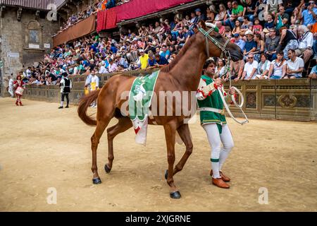 Ein Mitglied der Oca (Gänse) Contrada in mittelalterlichen Kostümen nimmt an Einer historischen Prozession Teil, Piazza del Campo, Palio, Siena, Italien. Stockfoto