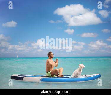 Profilaufnahme eines Mannes mit einem Hund, der Meditation auf einem SUP-Board im Meer übt Stockfoto