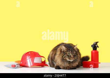 Feuerwehrausrüstung und niedliche Katze auf dem Tisch vor gelbem Hintergrund Stockfoto