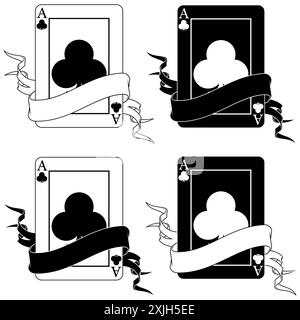 Vektordesign von Pokerkarten mit Bändern, Kleeblatt-Poker-Symbolen Stock Vektor