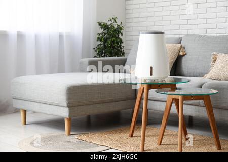 Graues Sofa, Couchtisch und moderner Luftbefeuchter im Wohnzimmer Stockfoto
