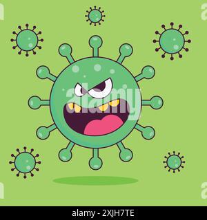 Coronavirus-Zeichentrickfigur. Vektorillustration isoliert auf grünem Hintergrund. Stock Vektor